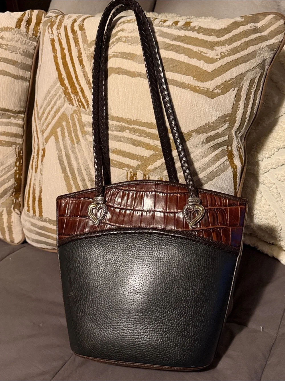 Brighton Classic Two-Tone Leather Tote Bag in Black and Brown